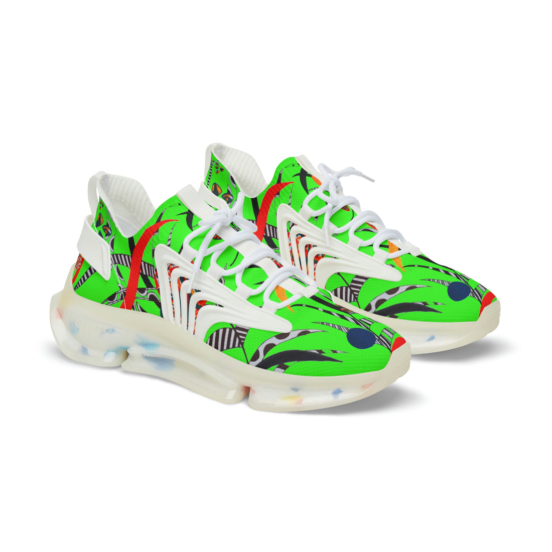 neon green men's floral and animal print mesh knit sneakers