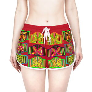 Deep Red Deco Print Relaxed Shorts