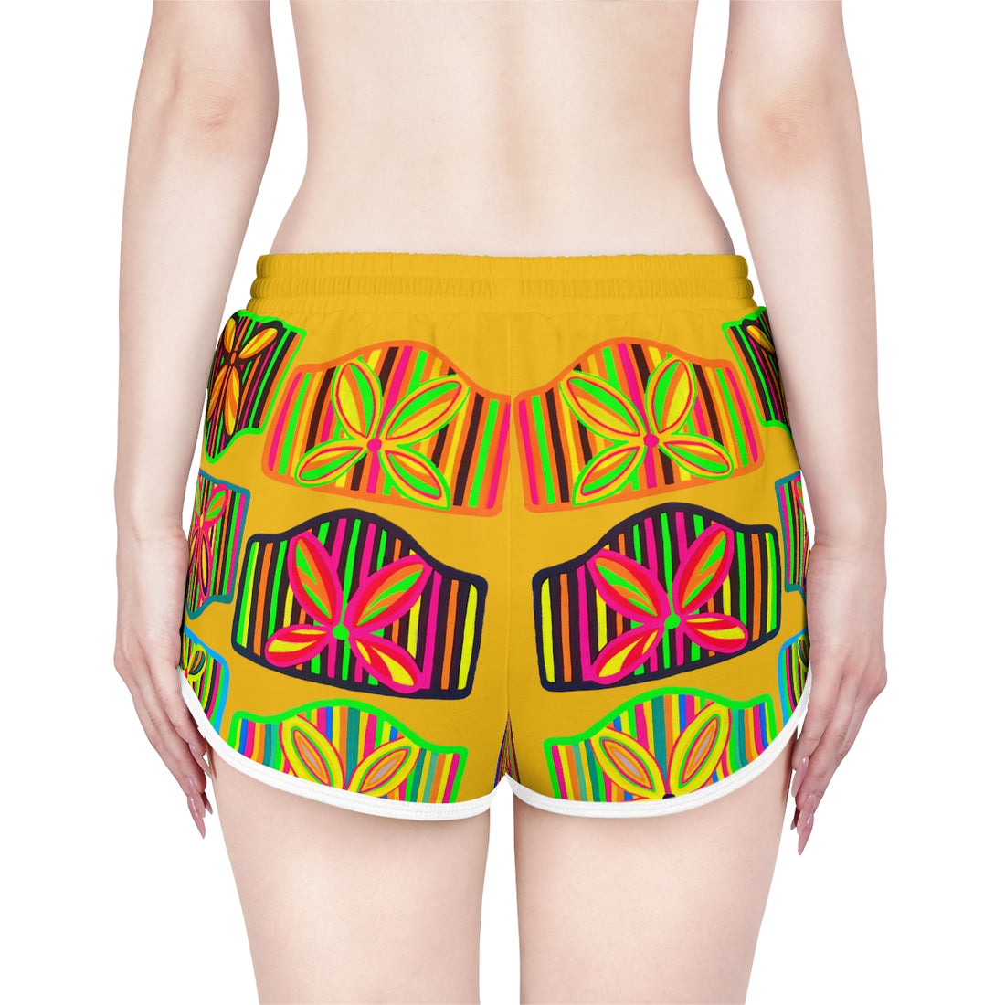 yellow art deco print relaxed gym shorts for women