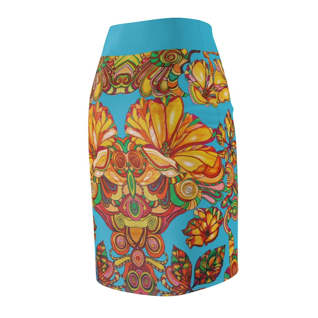 Artsy Floral Aqua Pencil Skirt