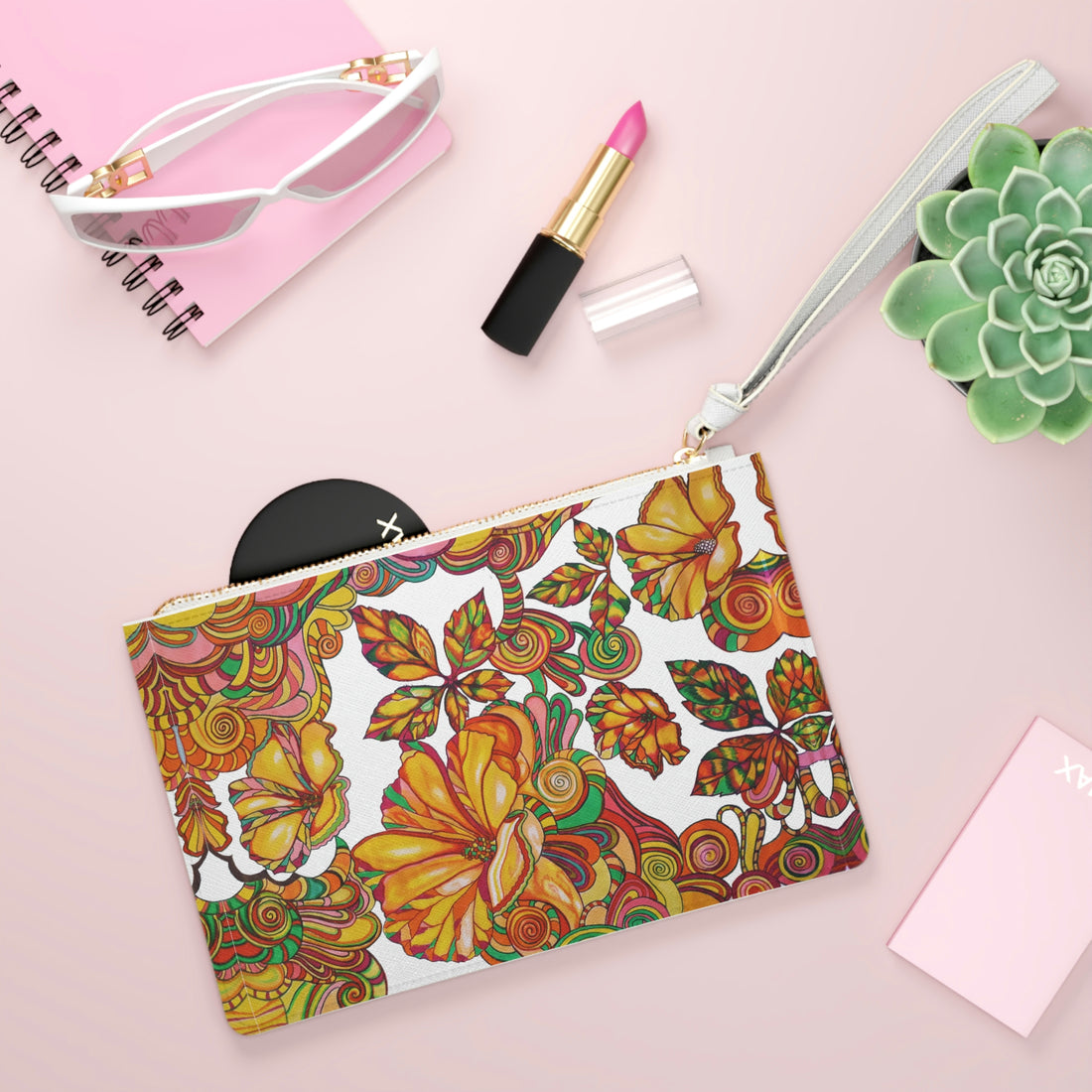 White Artsy Floral Clutch Bag