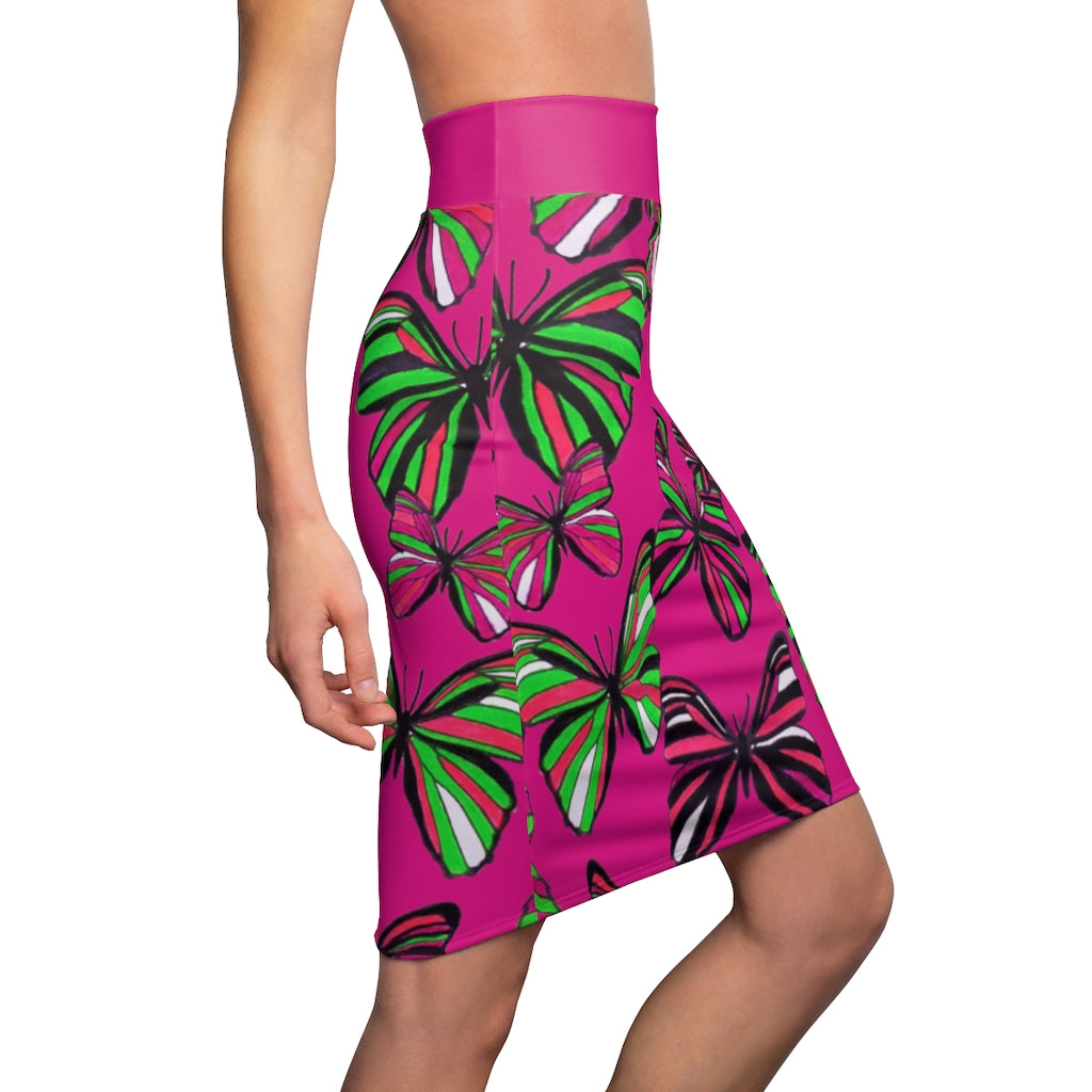 Hot Pink Butterflies Pencil Skirt