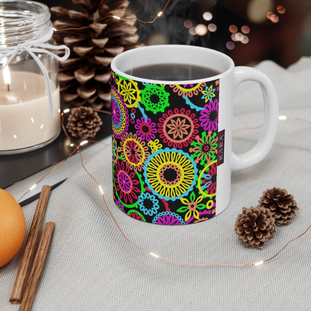 70S Circles Black Ceramic Mug 11oz