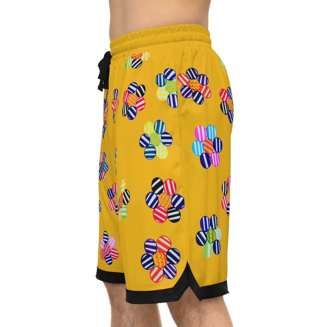 yellow geometric floral print basketball shorts for men