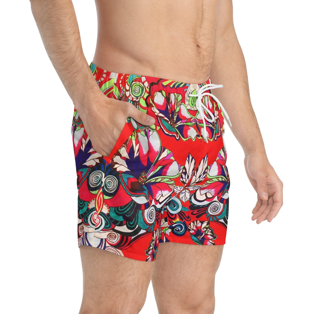 Red Graphic Floral Pop Men's Swimming Trunks