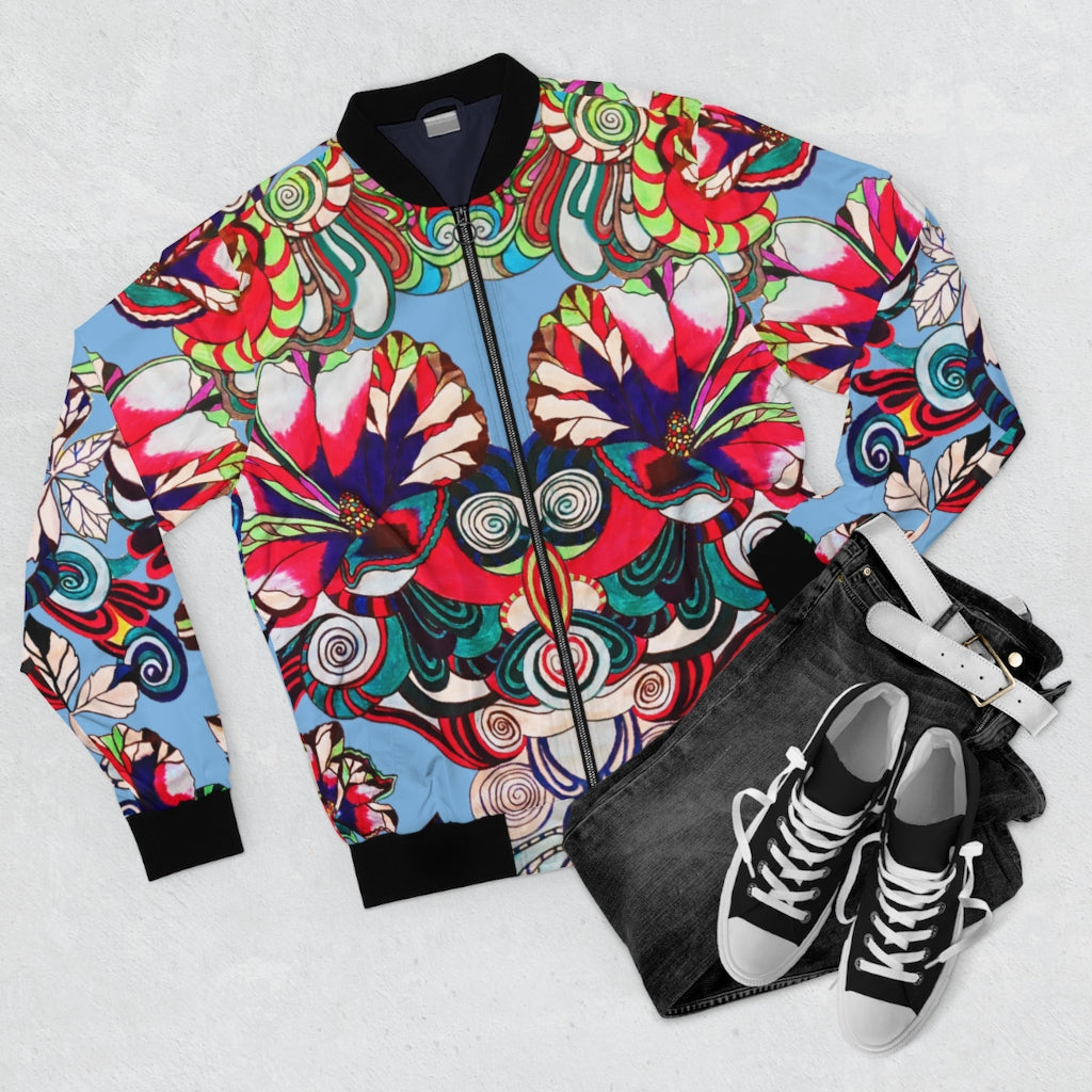 sky blue graphic floral men's bomber jacket