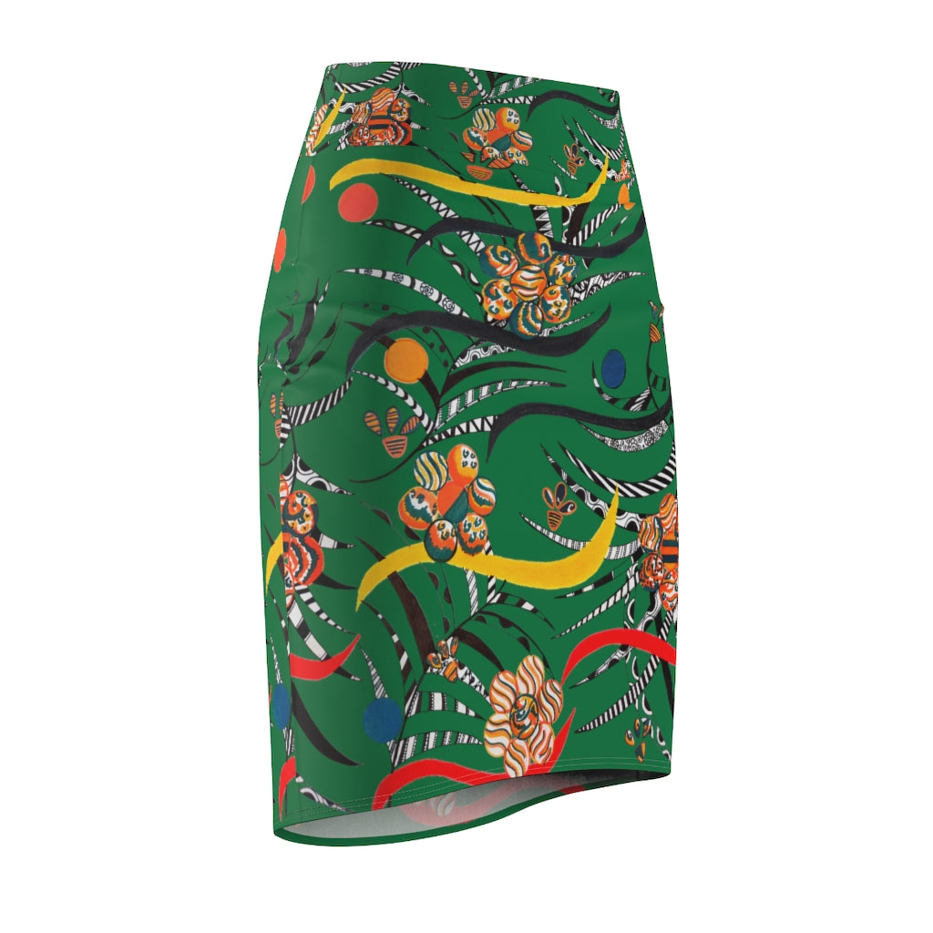 emerald floral & animal print pencil skirt