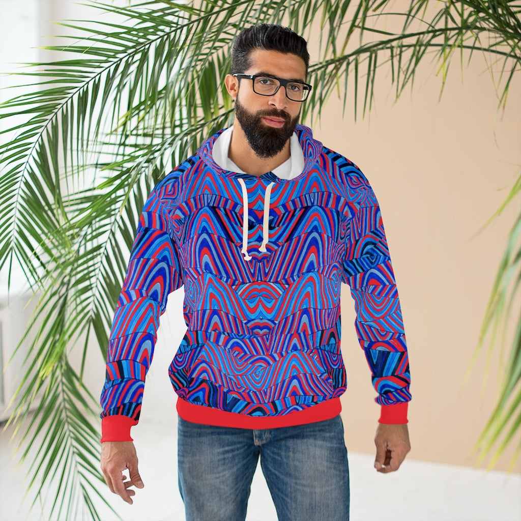 red & blue psychedelic print unisex pullover hoodie