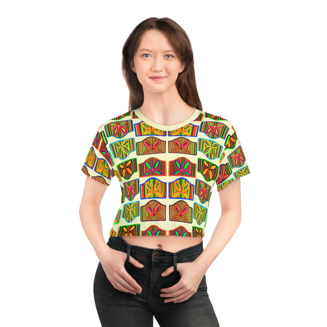 cream art deco print women's cropped tee