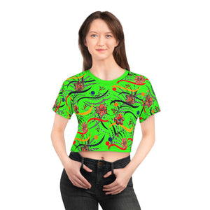 neon green floral print cropped tee