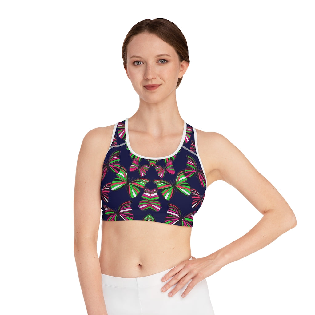 Navy Blue Butterfly (AOP) Sports Bra