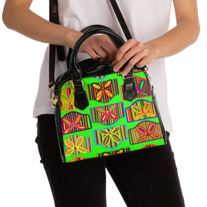 neon green art deco print pu leather handbag