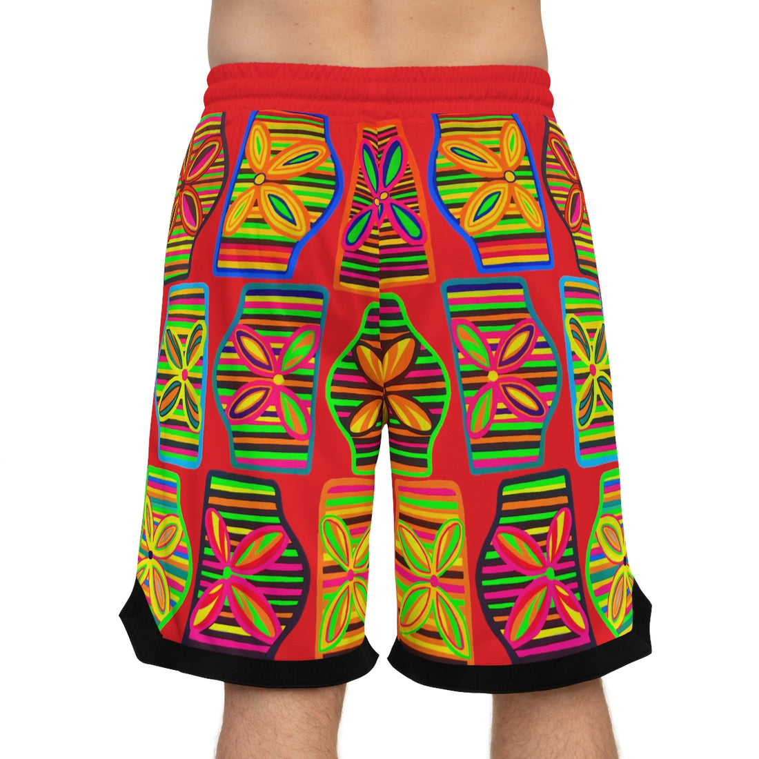 red art deco print basketball shorts for men