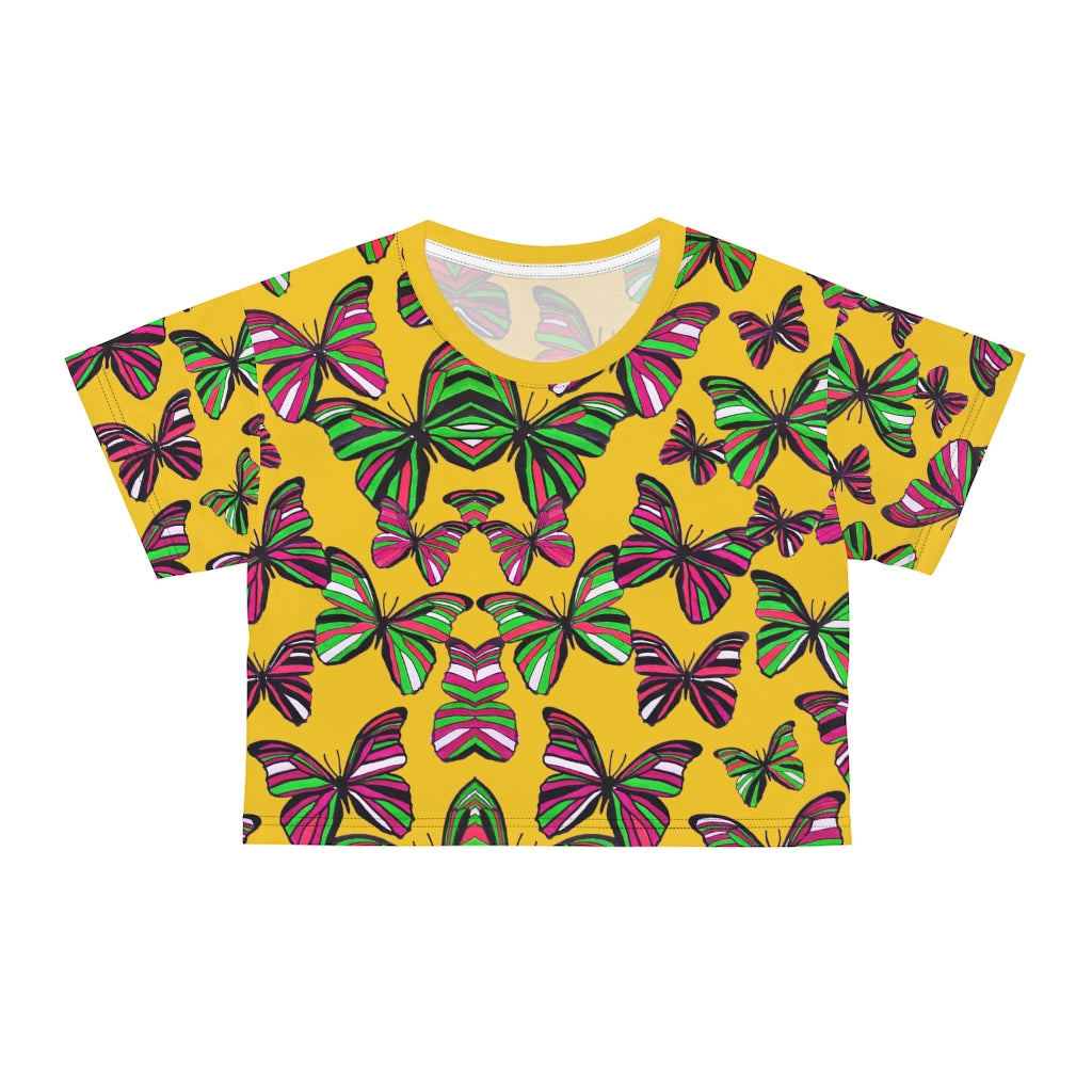 yellow butterfly print crop t-shirt