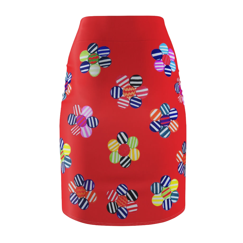 Red Candy Florals Print Pencil Skirt