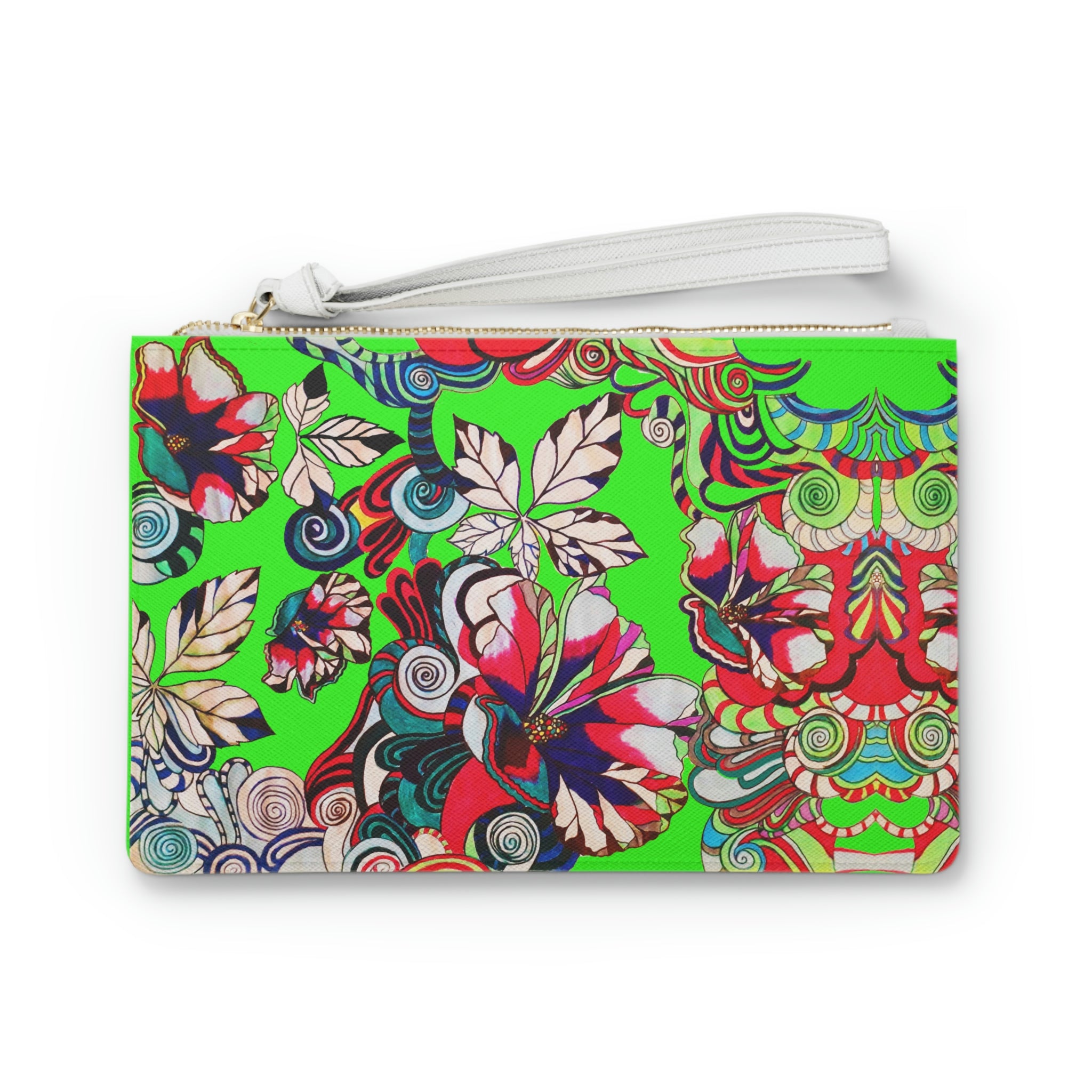 neon green graphic floral print clutch bag