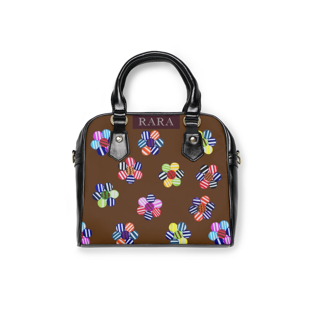 brown multi colour geometric florals print handbag