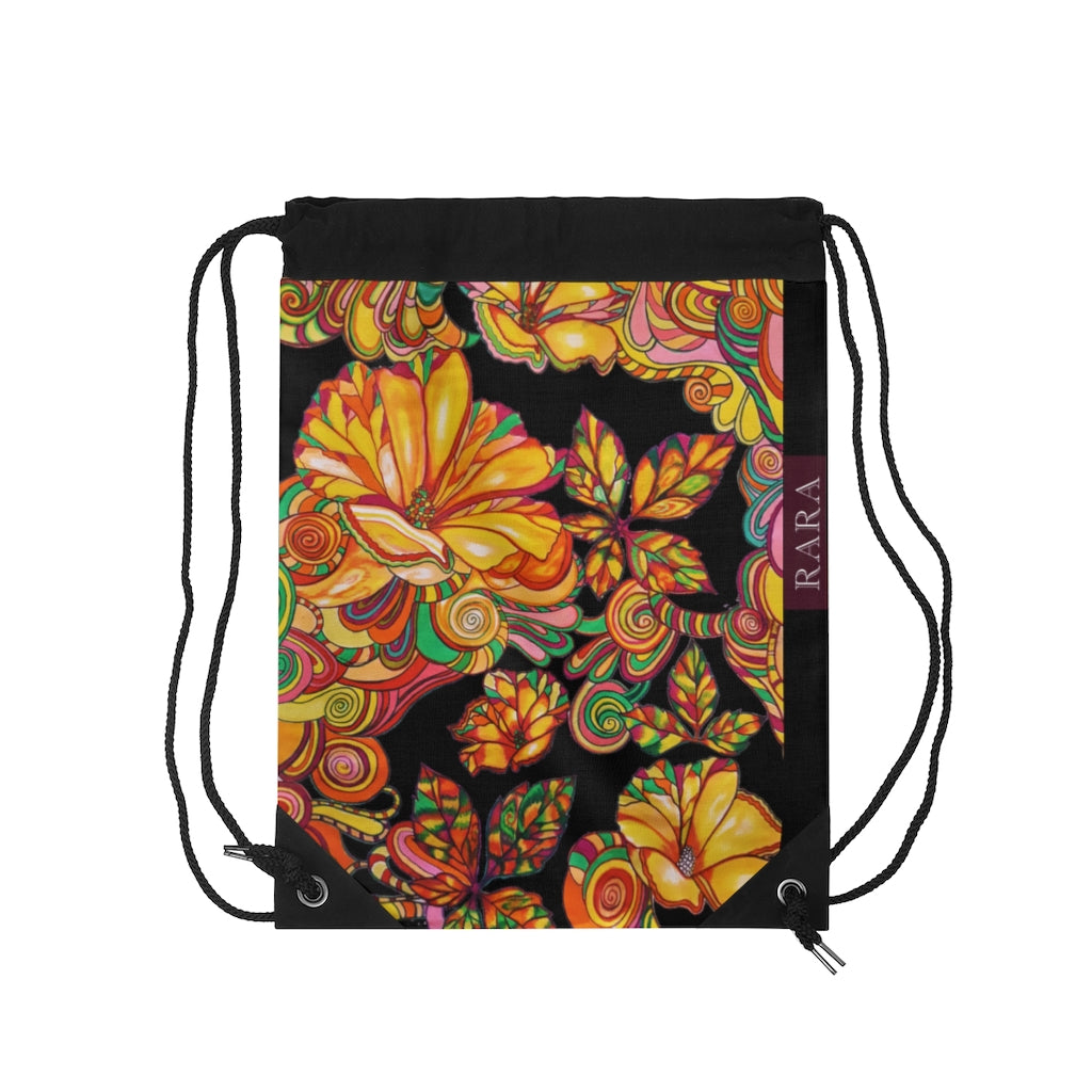 Black Artsy Florals Drawstring Bag