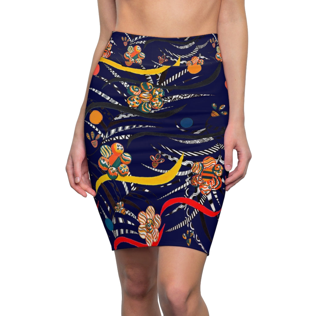 ink blue animal & floral print pencil skirt