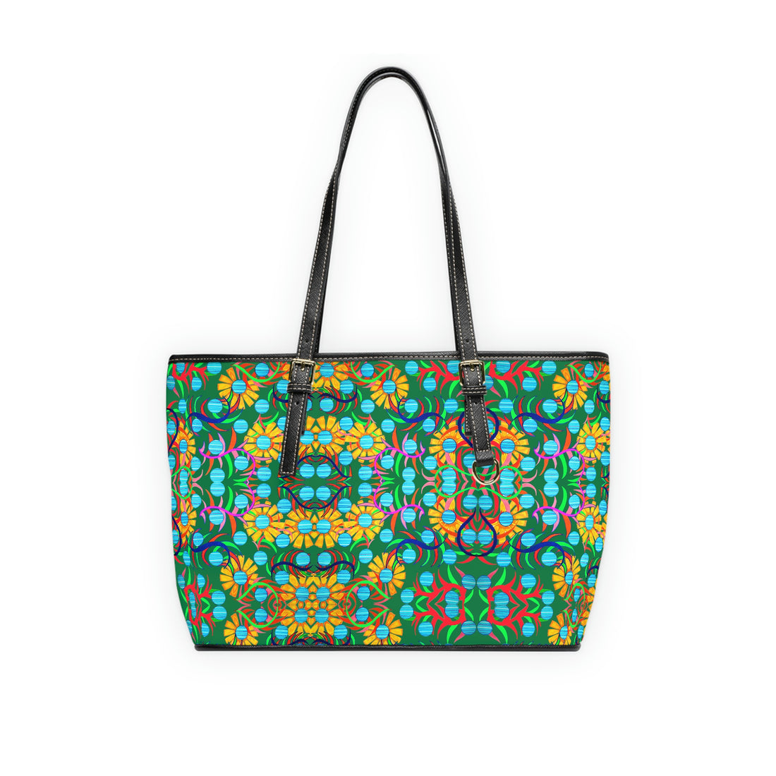 green sunflower print pu leather zipper tote bag