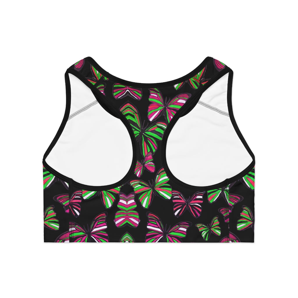 black butterfly print sports bra