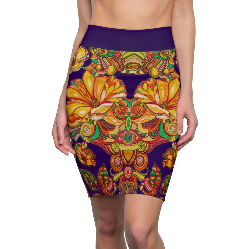 Artsy Floral Violet Pencil Skirt