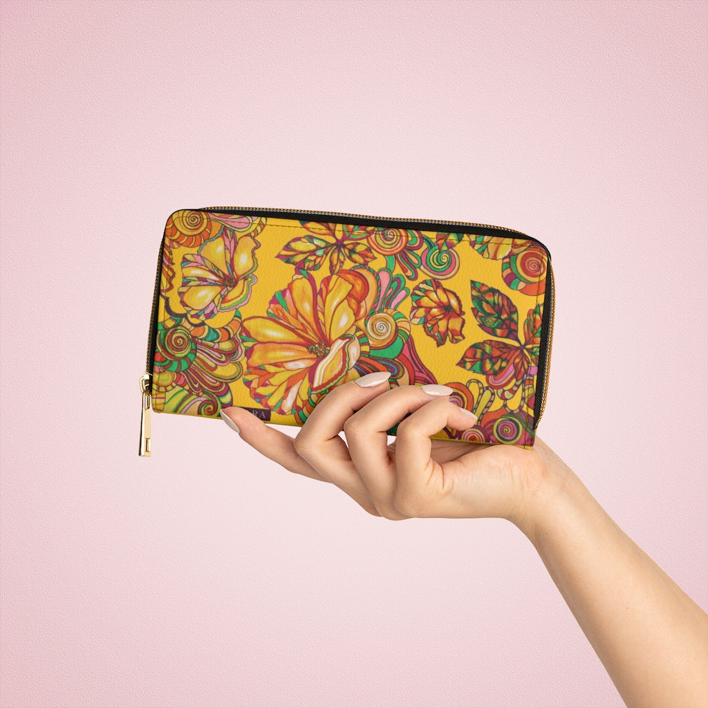 Yellow Artsy Floral Zipper Wallet