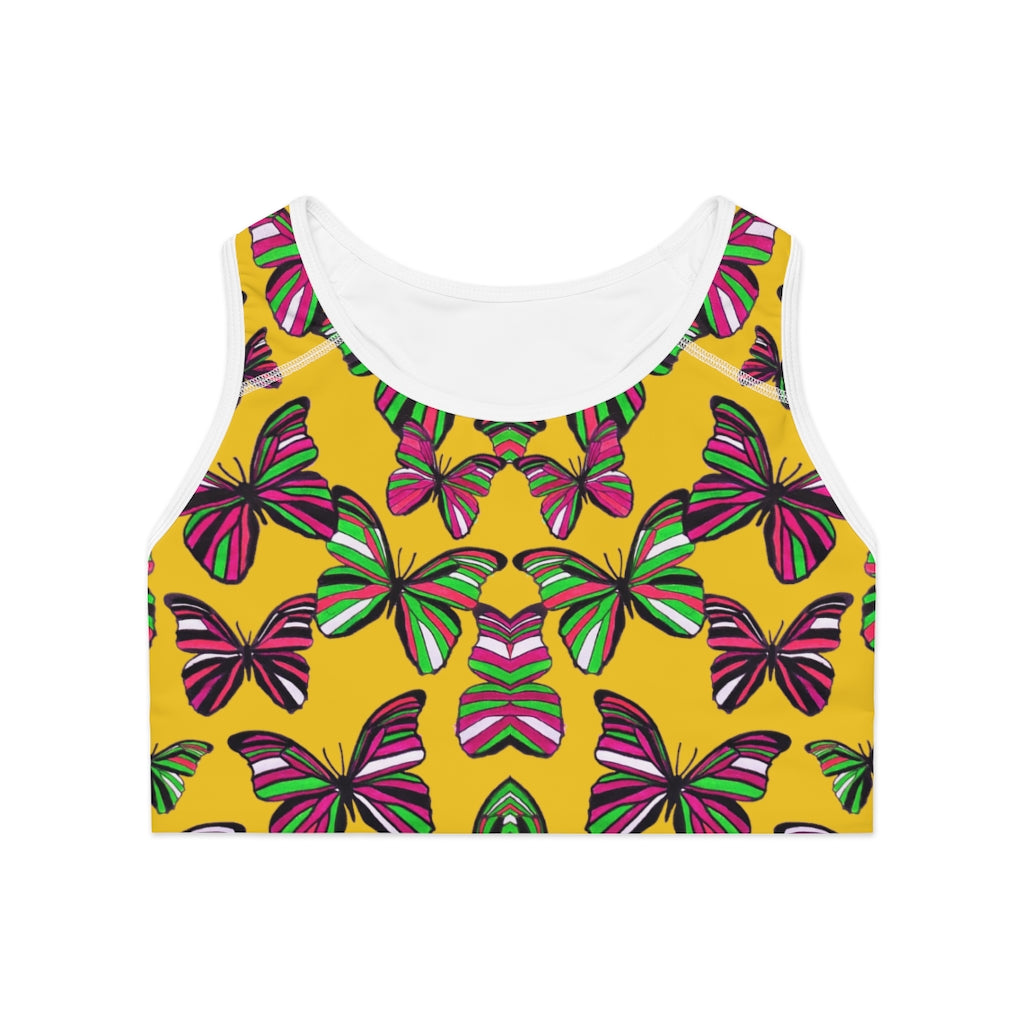 yellow butterfly print sports bra