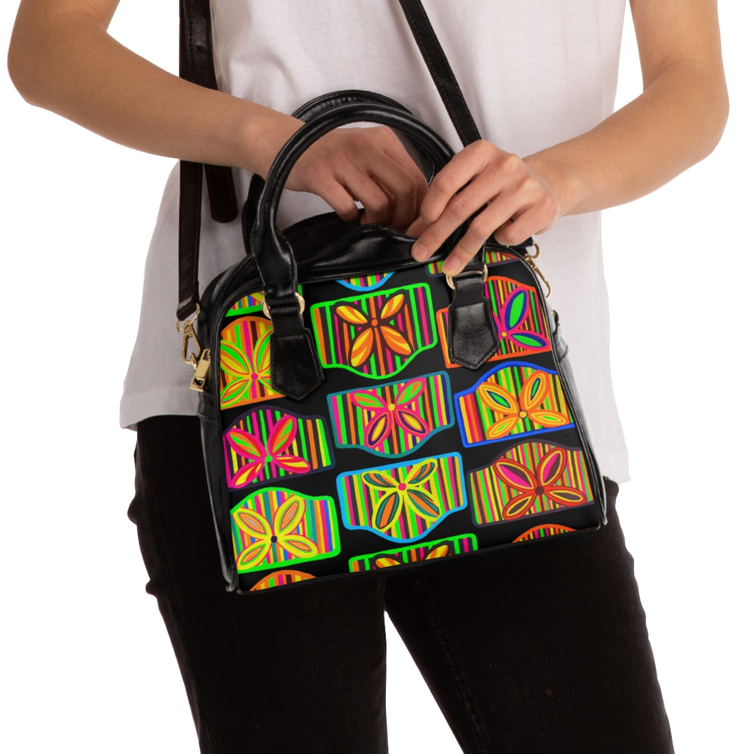 black art deco print pu leather handbag