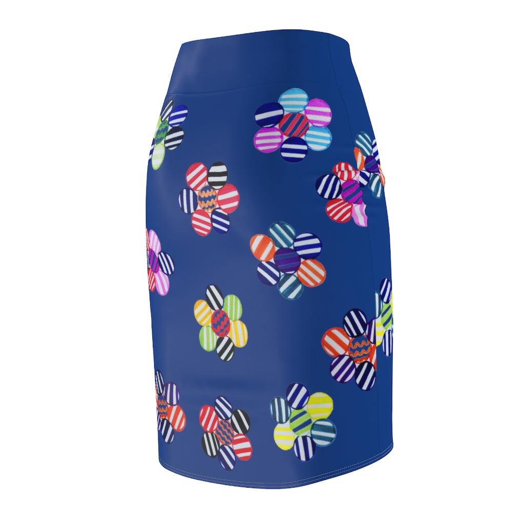 Blue Candy Florals Print Pencil Skirt