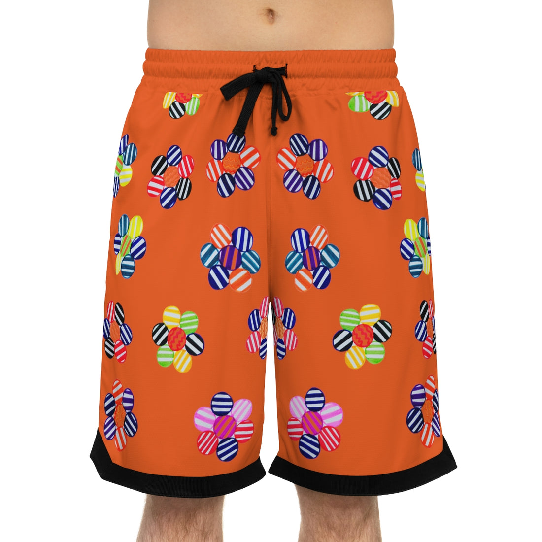 orange geometric floral print basketball shorts for men