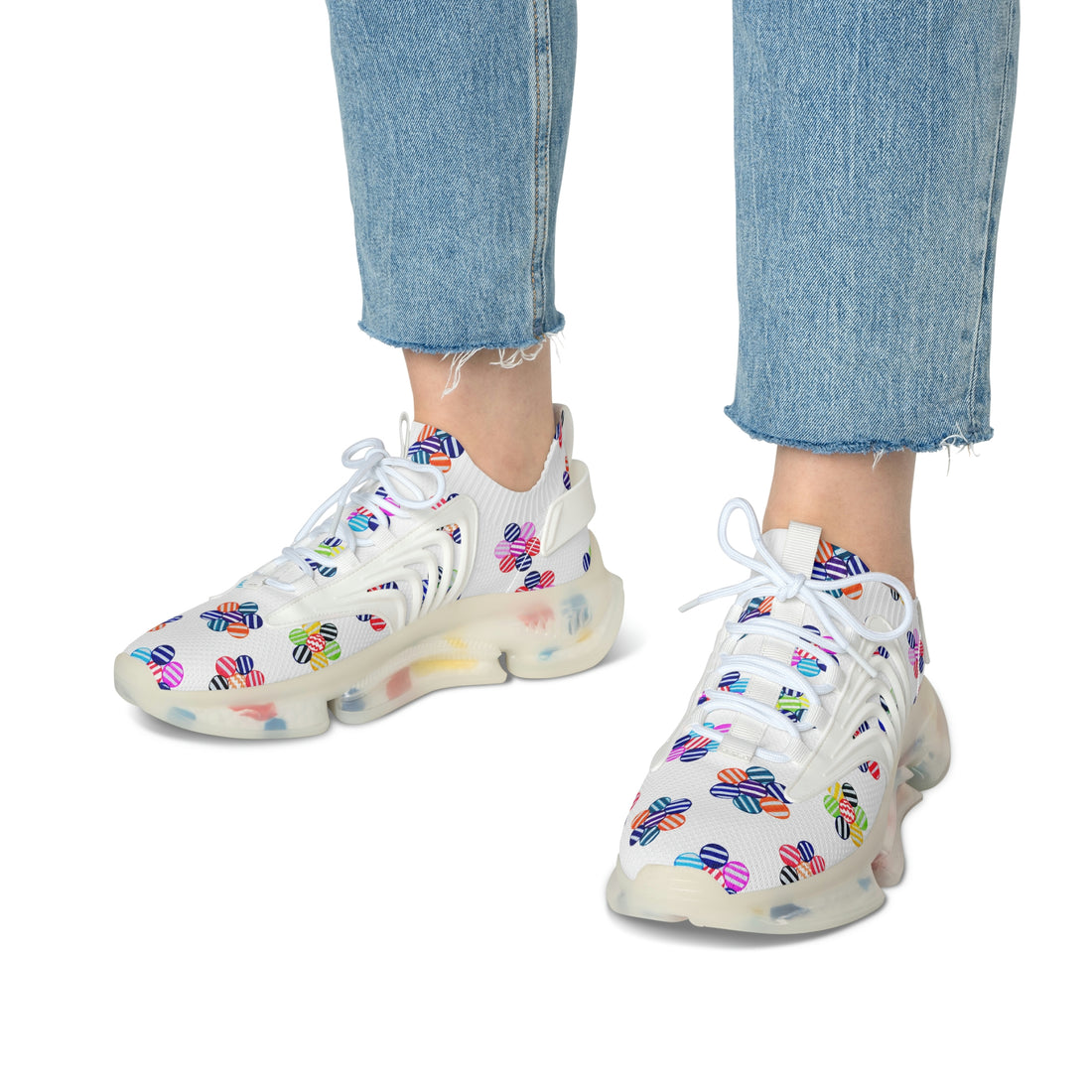 White Candy Floral Printed OTT Women's Mesh Knit Sneakers