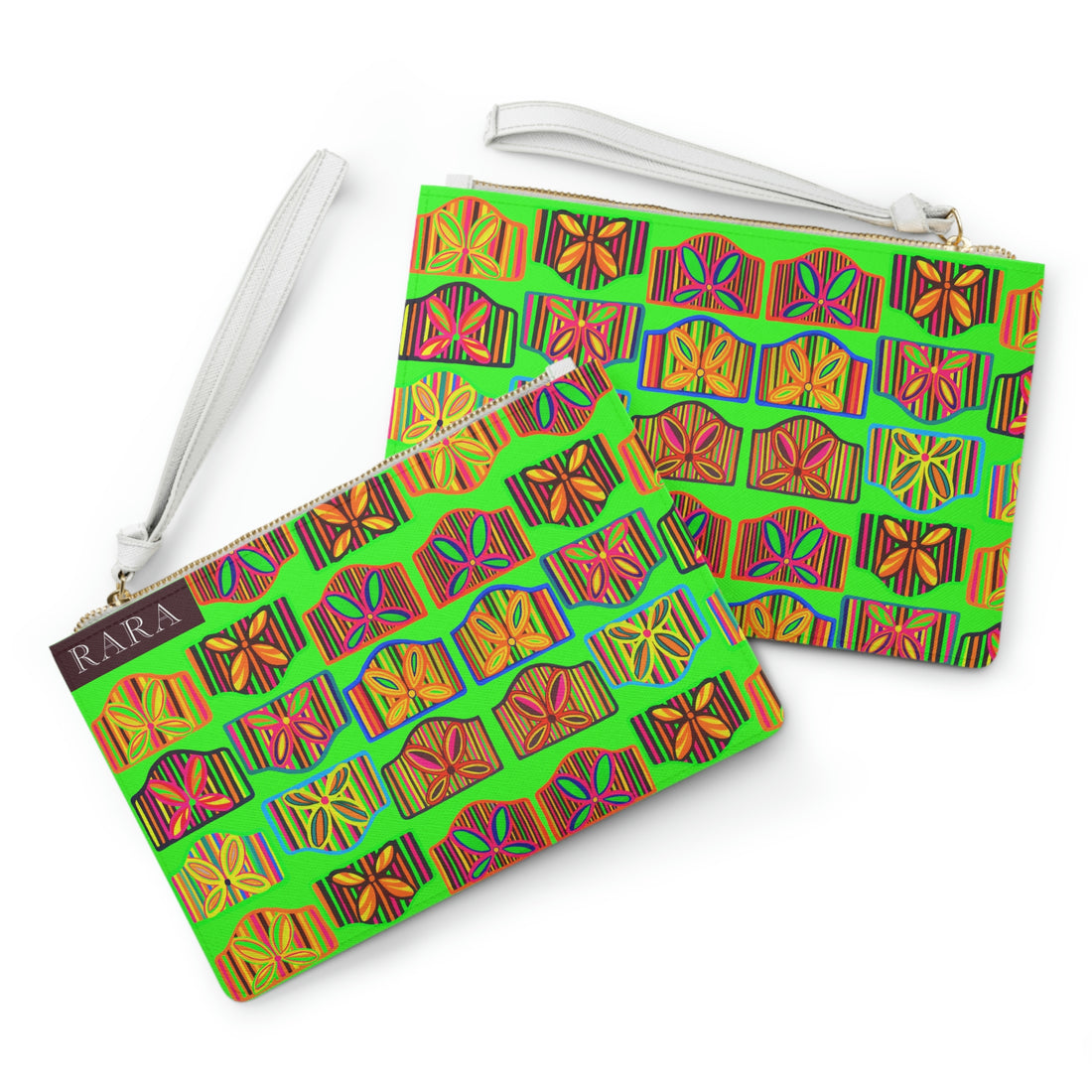 neon green art deco print clutch bag