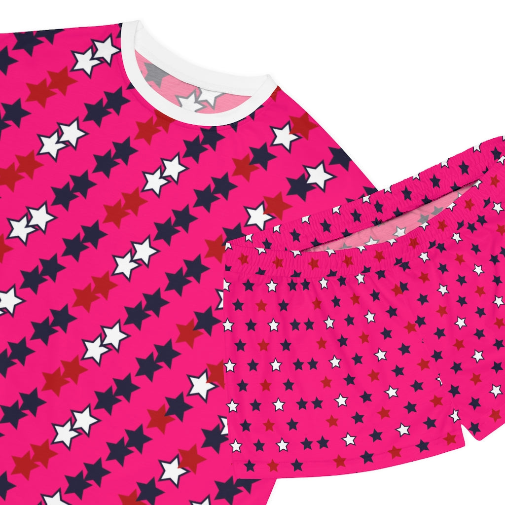 hot pink star print shorts & t-shirt pajama set for women