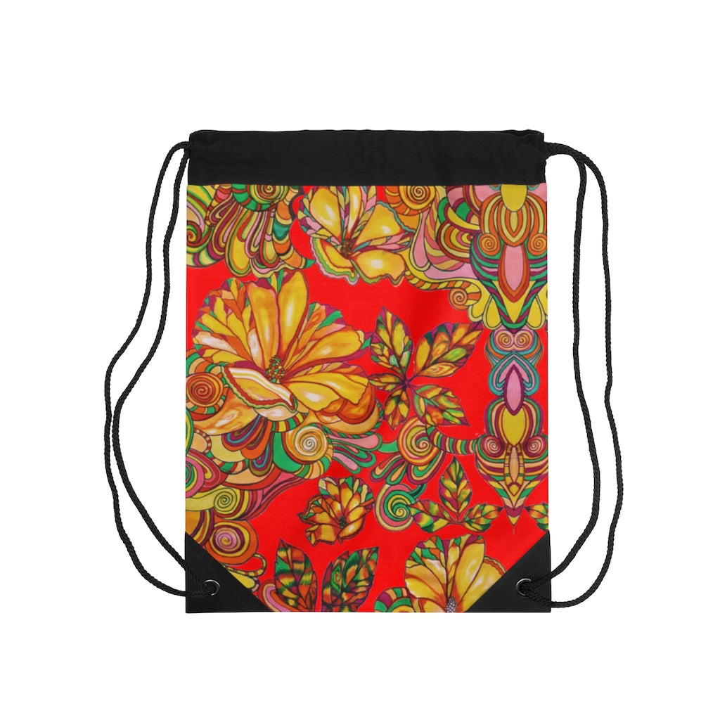 Red Artsy Florals Drawstring Bag