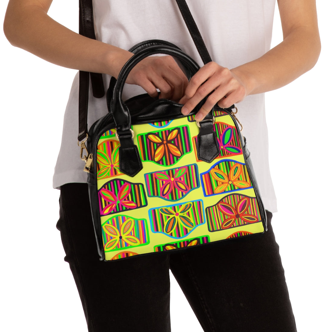 canary art deco print pu leather handbag