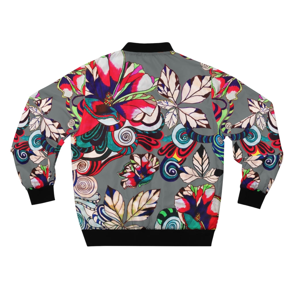 ash grey graphic floral men's bomber jacket