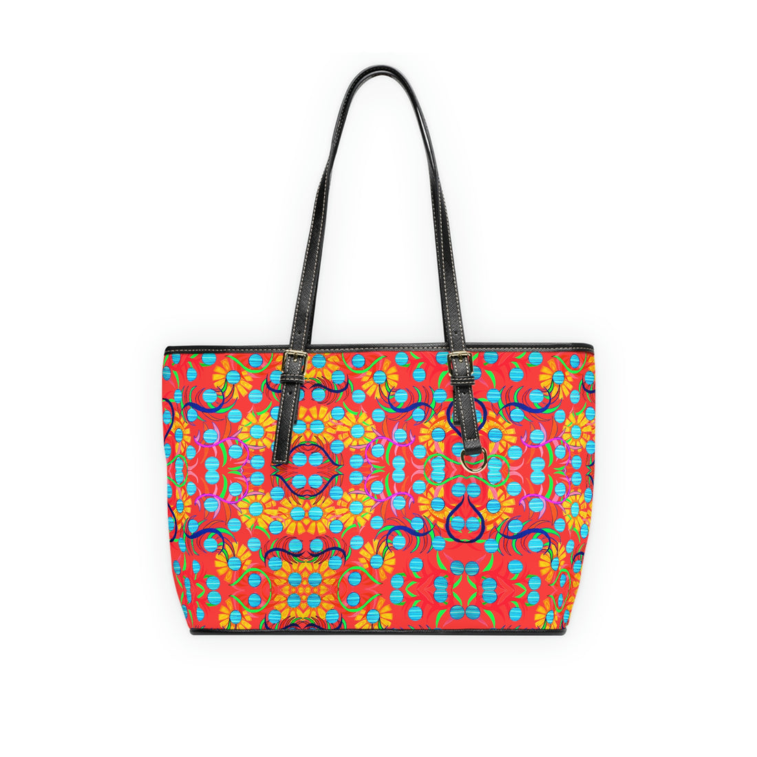 vermillion pu leather sunflower print oversize tote bag