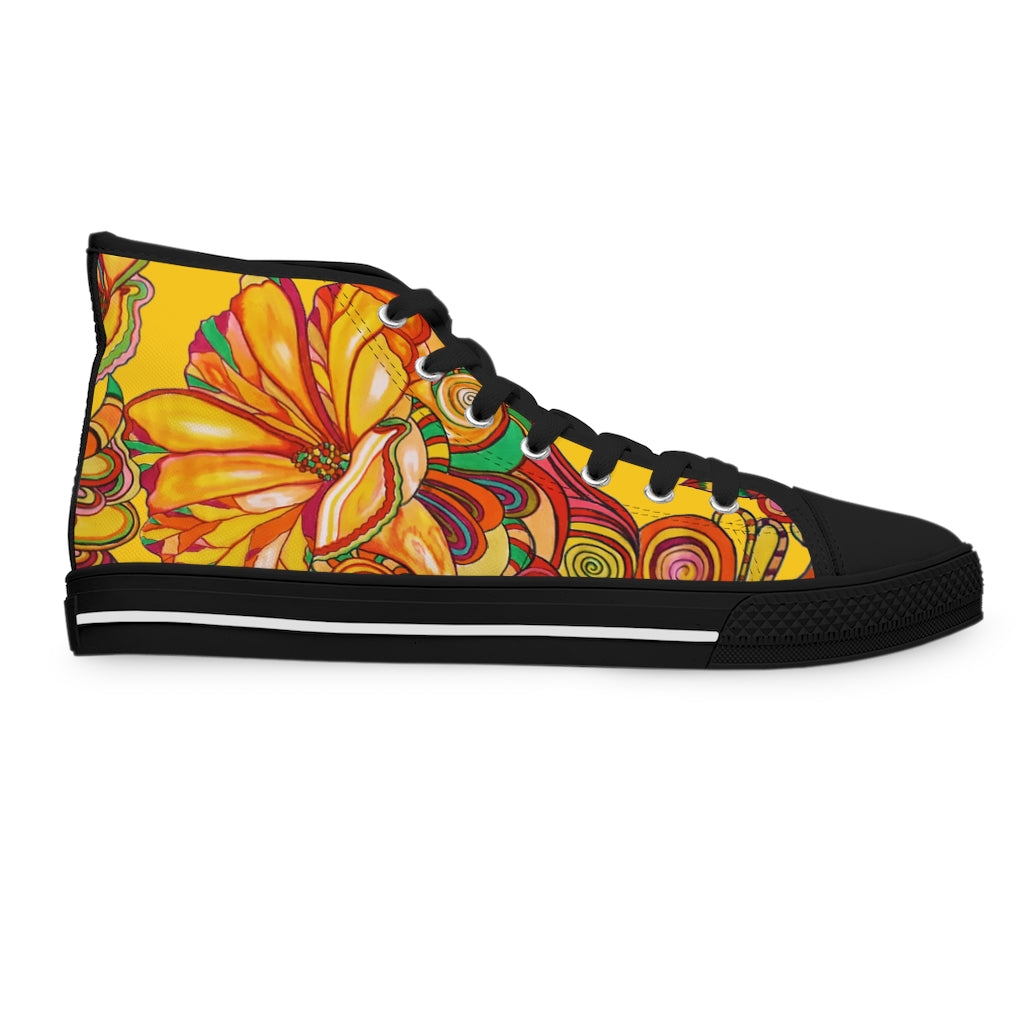Yellow artsy floral print canvas high top sneakers for women
