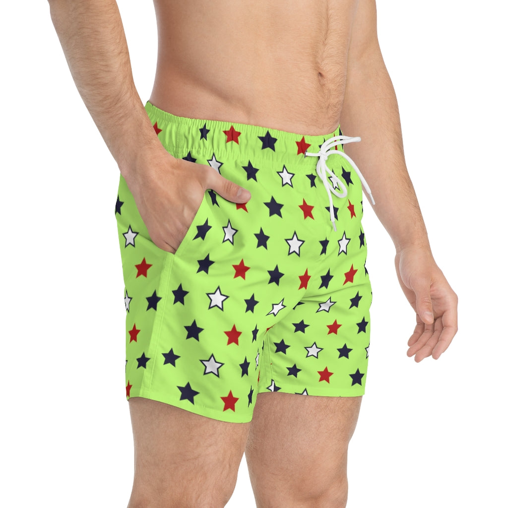 lime star print 4th of July men's swimming trunks