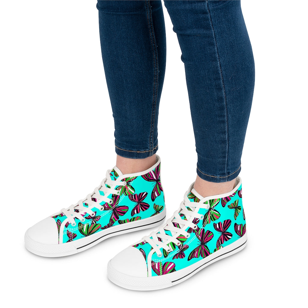 cyan butterfly print canvas women's high top sneakers 