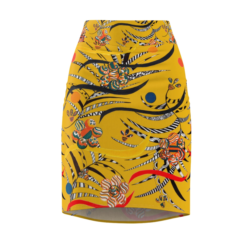 yellow floral & animal print pencil skirt