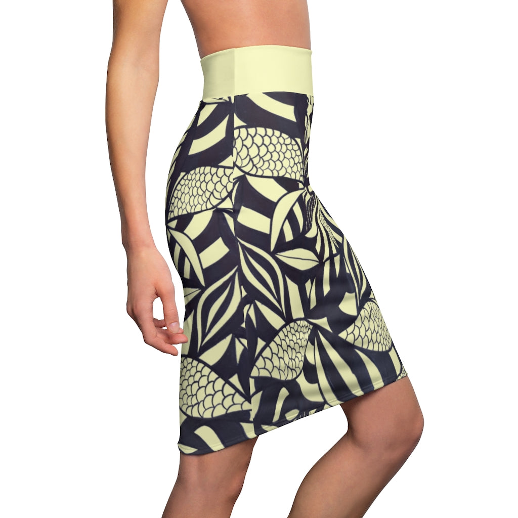 Tropical Minimalist Cream Pencil Skirt