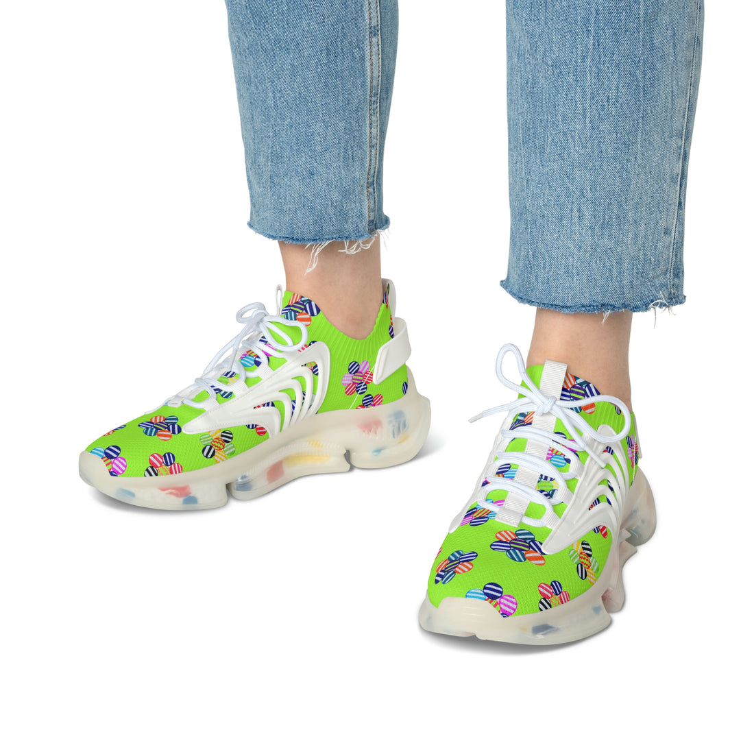 Lime Green Candy Floral Printed OTT Women's Mesh Knit Sneakers