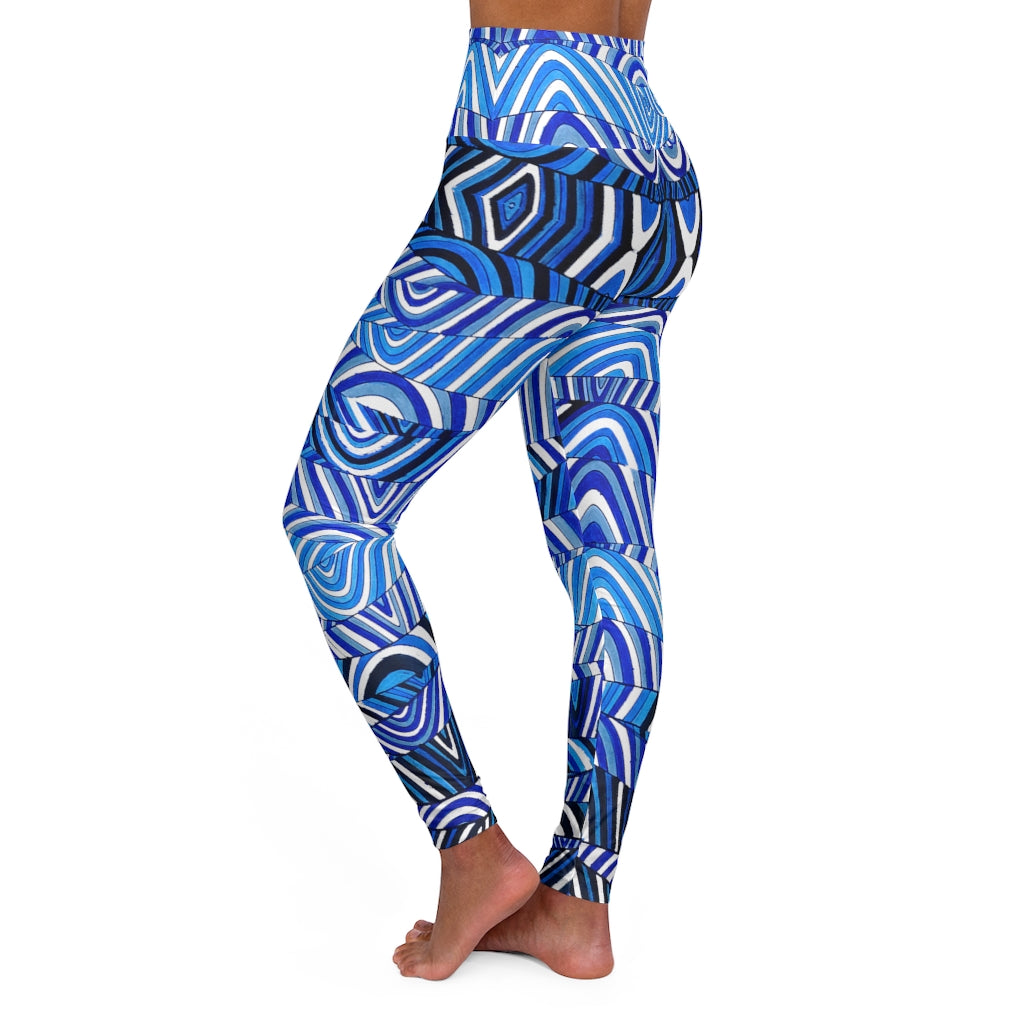 White & blue psychedelic print yoga athleisure leggings for women