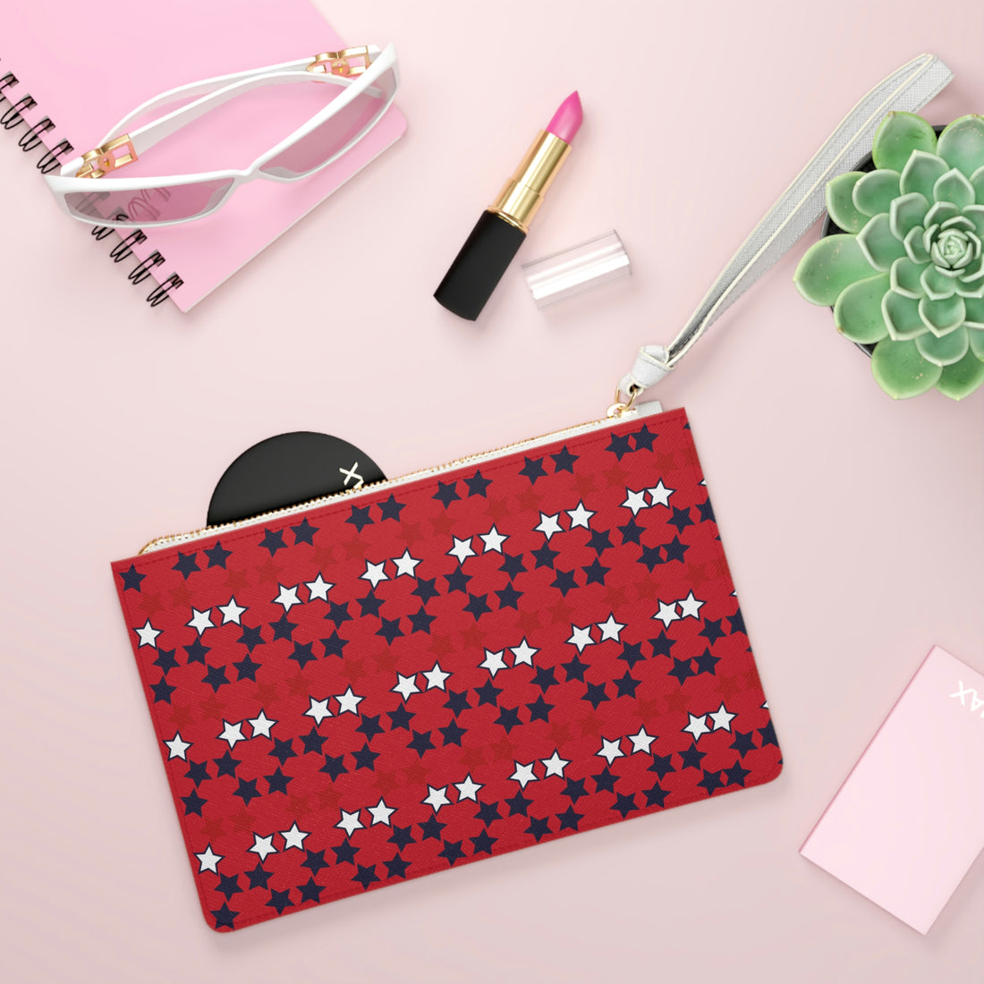 Deep Red Star Print Clutch Bag