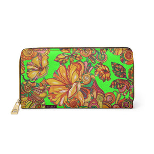 Neon Green Artsy Floral Zipper Wallet