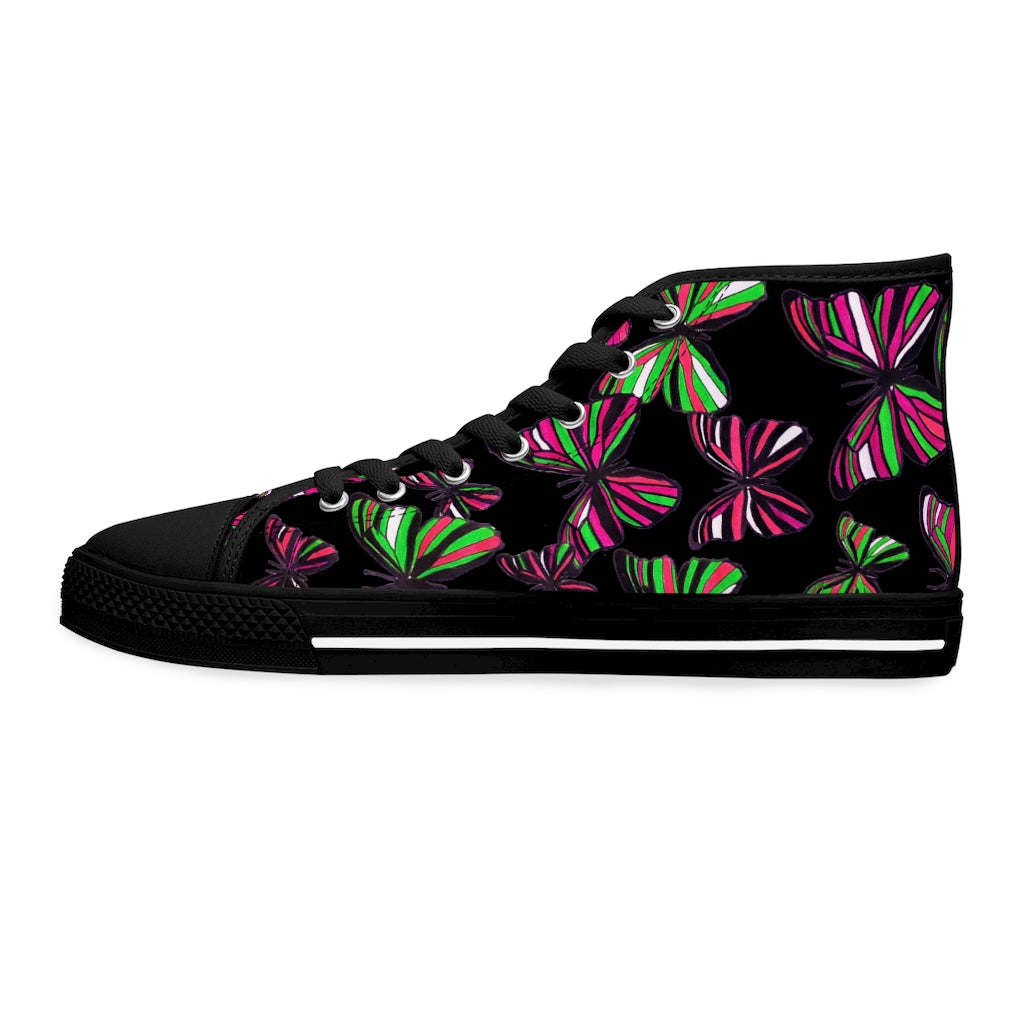 black butterfly print canvas women's high top sneakers 