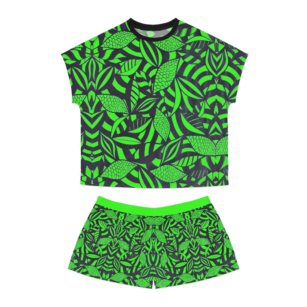 Neon Green Tropical Minimalist Short Pajama Set (AOP)