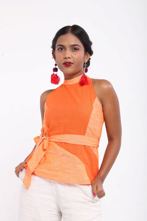 Orange & peach colourblock halter neck slub cotton top with belt loops